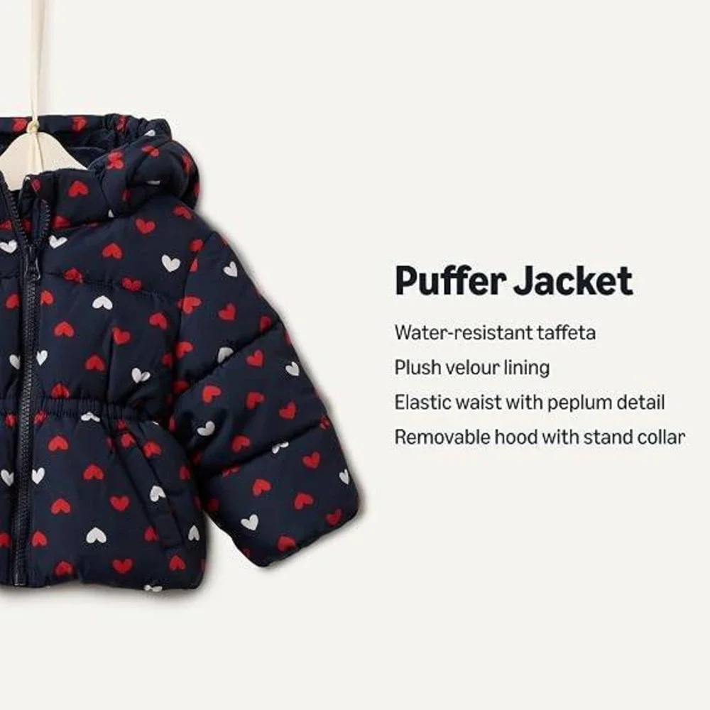 Amazon Essentials x Sofia Grainge Girls 12M Navy Hearts Hooded Puffer Jacket
